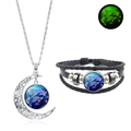 Leuchtendes Fische Mond Anhänger Halskette und geflochtenes Armband Set mit grünem Glanz - Fische (XSWX4735-2)