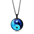 Yin Yang dragon glass dome pendant necklace with celestial blue star background and black chain - Black Border Dragon (XSWX4417-1)