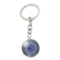 Blue Turkish evil eye keychain with silver metal ring and protective glass charm - Gold Black Radial Style (XSWX4717-7)