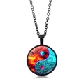 Round glass Yin Yang pendant necklace with creative fire and water texture in black frame - Black Border Fire and Water Tai Chi (XSWX4417-8)