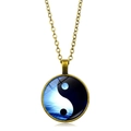 Vintage bronze Yin Yang Tai Chi pendant necklace with blue textured glass dome charm - Bronze Border Blue Light Tai Chi (XSWX4416-5)