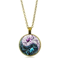 Yin Yang Tai Chi glass pendant necklace with butterfly dragonfly motifs in blue and purple - Bronze Border Butterfly Nature (XSWX4416-7)