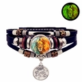 Lichtgevende meerlaagse leren armband met sterrenbeeld Leeuw en glanzende glazen steen - Leeuw