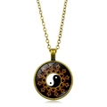 Retro bronze necklace with a glass yin yang pendant featuring orange flame pattern - Bronze Border Tai Chi Flame (XSWX4416-12)