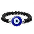 Black beaded lucky evil eye bracelet with blue glass charm and silver metal accents - Blue Glass Eye 1 (XSWX4710-1)