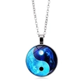Yin Yang Tai Chi dragon pendant necklace with dark blue starry sky and silver chain - Silver Border Dragon (XSWX4415-1)