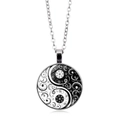 Yin Yang Tai Chi glass pendant necklace with silver frame and floral scroll patterns - Silver Border Floral Tai Chi (XSWX4415-3)