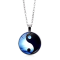 Silver Yin Yang necklace with blue wave pattern pendant and minimalist O-shaped chain - Silver Border Blue Ripple Tai Chi (XSWX4415-5)
