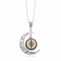 Vintage Silberne Mondkette mit filigranem hohlem Halbmond und Kompass-Anhänger - Silber Hohl Halbmond Kompass Stil (XSWX1072)