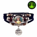 Bracelet multicouche en cuir signe Vierge lumineux avec perles et breloque argent - Vierge