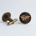 Macro shot of vintage bronze world map cufflinks with glass dome and metal T-bar back - Silver / Antique Bronze (PSXL001197-Antique Bronze)