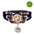 Pulsera multicapa de cuero trenzado de Piscis con gema de vidrio y amuleto de metal - Piscis