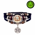 Détail du bracelet en cuir zodiaque Cancer avec cabochon lumineux et pendentif en métal - Cancer
