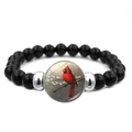 Close-up of cardinal bird pendant on black beaded bracelet with silver spacers - Cardinal on Branch (XSWX5033-10)
