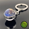 Macro view of luminous Mercury galaxy keychain with silver base and glow-in-the-dark glass ball - Mercury