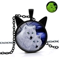 Détail du pendentif loup en verre montrant l'effet de lueur verte dans le noir - Loup Blanc de Nuit (XSWX4766-18)