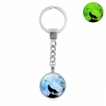 Luminous howling wolf keychain in silver metal with moon silhouette glass dome pendant - Moonlight Wolf Silhouette (XSWX4773-11)
