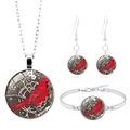 Détail de parure bijoux cardinal rouge comprenant collier boucles d'oreilles et bracelet - Cardinal sur Motif Floral Sombre (XSWX5053-11)