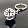 Macro detail of silver metal keychain with glass cabochon featuring Viking Vegvisir symbol - Silver Metal Compass Style (XSWX4422-10)