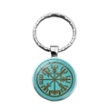 Silver Viking Vegvisir compass keychain with blue background and glass dome on white backdrop - Sky Blue Bg Compass (XSWX4424-9)