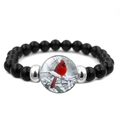 Black beaded cardinal bird bracelet with polished round beads and glass cabochon - Winter Snow Bird (XSWX5033-5)