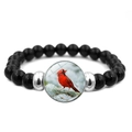 Black beaded cardinal bracelet with glass gem charm showing a bird on snowy branch - Northern Cardinal (XSWX5033-6)