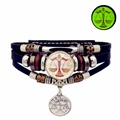 Bracelet multicouche en cuir noir Balance avec perles argentées et pendentif - Balance