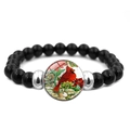 Polished black beaded bracelet featuring a red cardinal bird glass cabochon charm - Bird in Flowers (XSWX5033-12)