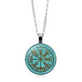 Macro detail of the Viking Vegvisir compass pendant with silver frame and glass cover - Cyan Background Compass Style (XSWX4419-9)