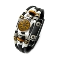 Close-up of Viking compass leather bracelet with multilayer beads and metallic charms - Gold Viking Compass Glass Patch Style (XSWX4425-2)