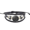 Black multi-layer leather bracelet with Viking compass pendant and Nordic rune details - Viking Compass Style 1 (XSWX4426-1)