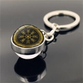 Silver metal keychain with glass cabochon featuring a gold Viking Vegvisir compass - Black Gold Compass Style (XSWX4422-7)