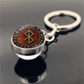 Viking Rune compass keychain with brown wood texture and silver metal glass ball - Brown Wood Grain Gold Rune Style (XSWX4422-12)