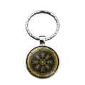 Silver Viking Vegvisir compass keychain with gold symbol and black leather texture - Black Base Gold Compass (XSWX4424-7)