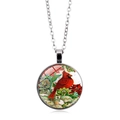Vintage silver cardinal bird glass pendant necklace with red floral and leaf pattern - Cardinal and Floral Decor (XSWX5042-12)