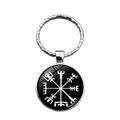Silver Viking Compass Vegvísir keychain with black disc pendant and metal split ring - Black Disc White Vegvisir (XSWX4424-11)