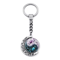 Rotating Yin Yang Tai Chi moon pendant keychain with butterfly patterns in silver finish - Butterfly Floral Ethnic Tai Chi Style (XSWX4434-7)