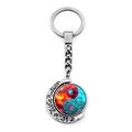 Rotating Yin Yang moon keychain with red and blue glass pendant in silver metal finish - Xswx4434-8