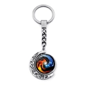 Rotating moon keychain with blue and red fire element glass dome in silver finish - Ice Fire Characters Tai Chi Illustration Style (XSWX4434-11)