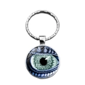 Porte-clés cabochon en verre œil de dragon vert avec anneau en métal argenté brillant - Style Éclat Vert Cyan (XSWX4471-8)