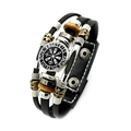Black multilayer leather bracelet with Viking compass Valkyries charm and snap buckle - VALKYRIES Text and Compass Style (XSWX4425-8)