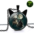 Collier loup lumineux avec cadre oreilles de chat et pendentif en verre brillant - Trois Loups Hurlement de Nuit (XSWX4766-5)