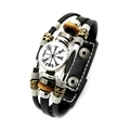 Multilayer Viking leather bracelet with black compass charm and metal snap button closure - Viking Vegvisir Epoxy Badge Style (XSWX4425-10)