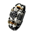 Vintage multi-layer leather bracelet with Nordic Viking compass charm and metal beads - Black Glass Patch Compass Style (XSWX4425-11)