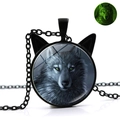 Pendentif tête de loup lumineux aux yeux verts avec chaîne à maillons noirs rétro - Tête de Loup aux Yeux Verts (XSWX4766-15)