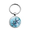 Vue détaillée du motif d'étoile de mer sous dôme en verre sur un porte-clés argenté - Style Étoiles de Mer Bleu Foncé Entrelacées (XSWX5111-9)