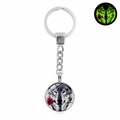 Luminous howling wolf with rose keychain in silver metal finish with green glow effect - Wolf Head With Rose (XSWX4773-25)