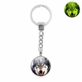 Luminous howling wolf keychain with glowing green glass cabochon and metal chain - Xswx4773-7