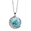 Silver vintage crescent moon necklace with a dandelion glass pendant on a white background - Teal Dandelion Style (XSWX5107-3)