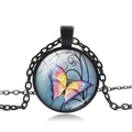 Vintage glass dome necklace featuring colorful butterfly pendant on black alloy chain - Black Style 4